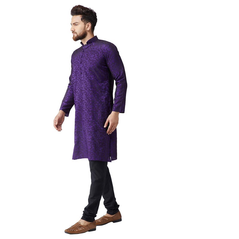Sojanya (Since 1958 Men'S Purple Jackquard Silk Only Long Kurta, Size 40 - Image 2